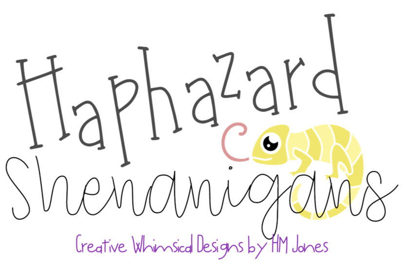 Logo for Haphazard Shenanigans: the word Haphazard appears at the top in tall, thin uneven black letters. Below it, Shenanigans is written in thin cursive script. A small yellow cartoon chameleon with pale stripes, a curled tail, and a large black eye sits between the words with a pink curled tongue extending forward. At the bottom, small purple script text reads Creative Whimsical Designs by HM Jones.