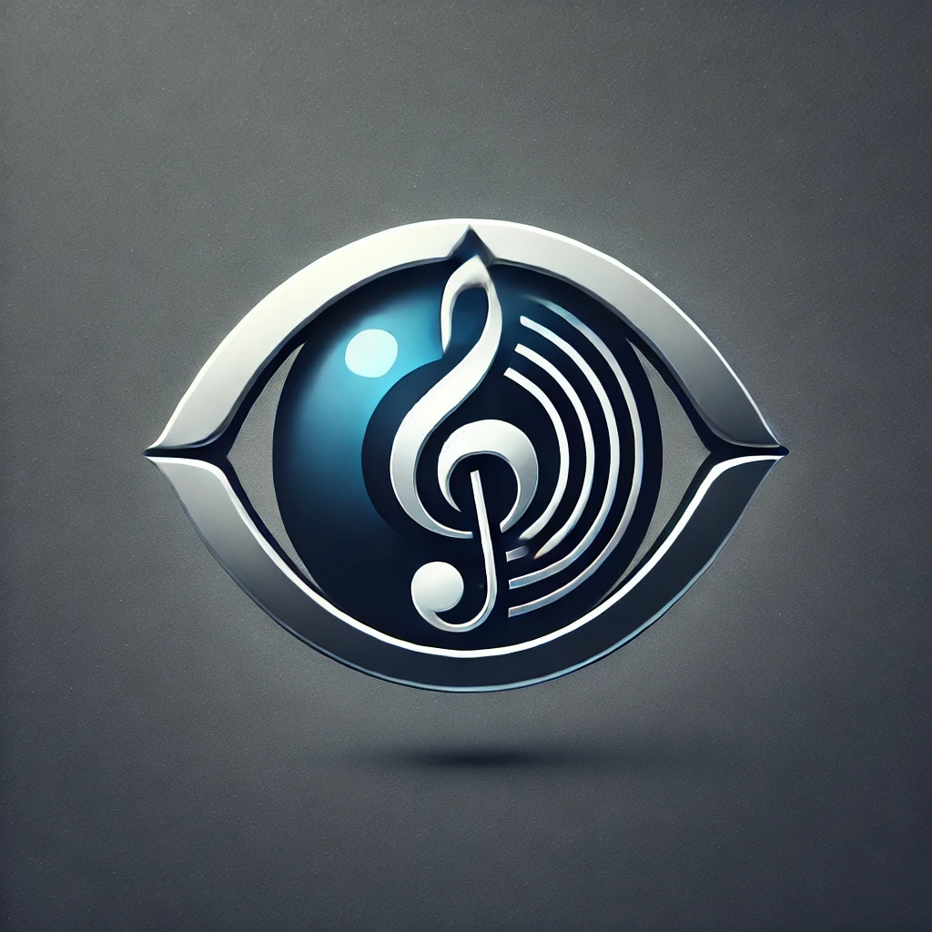 Tony Gebhard's button: an abstract eye logo with a musical note integrated into the iris. The pupil forms a treble clef.