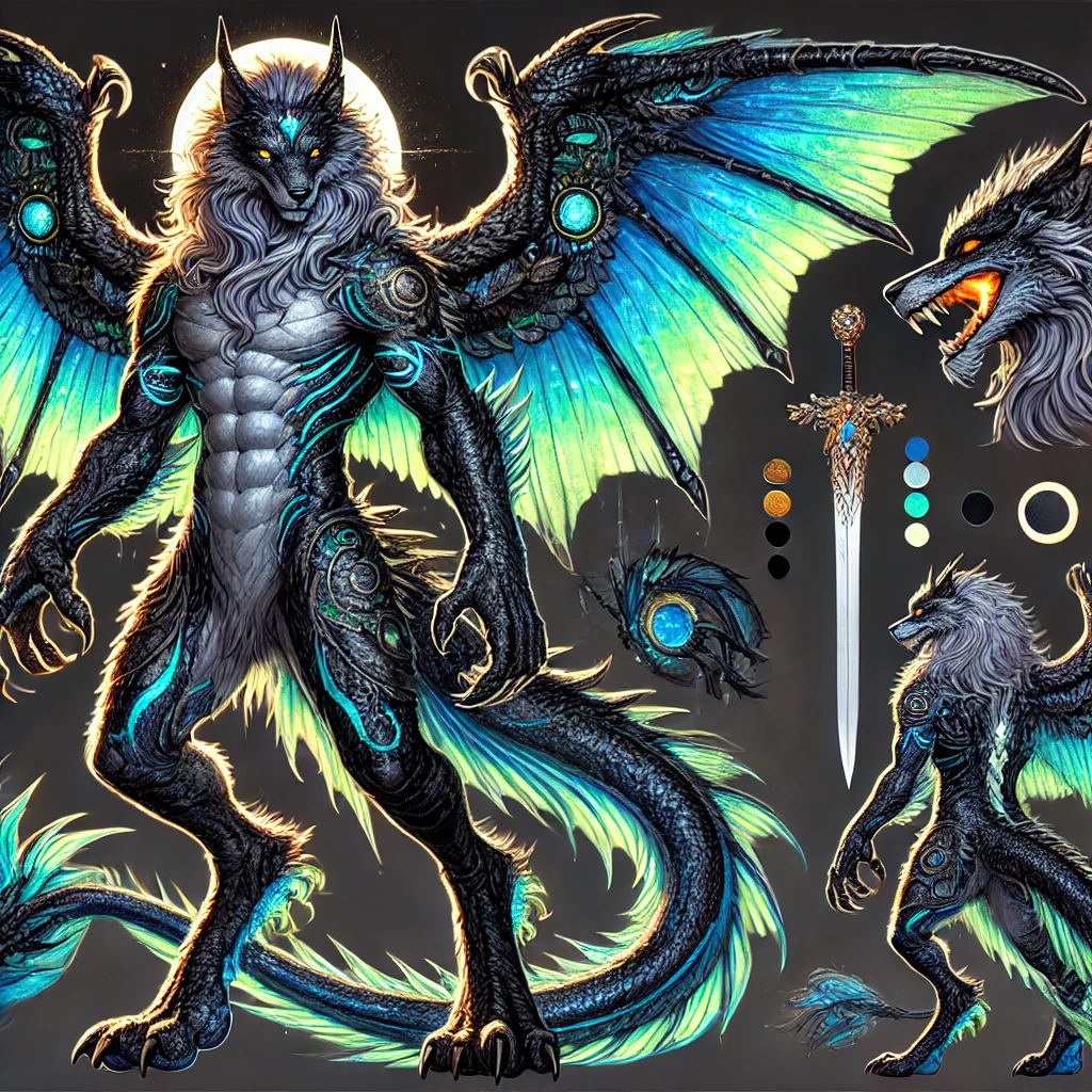 A majestic hybrid creature stands poised for action, its form a seamless fusion of wolf, lion, and dragon. Black fur streaked with silver flows into shimmering green and iridescent blue scales, its powerful frame radiating strength. Draconic feet grip the earth, a long spiked tail sways behind, and vast blue wings extend from its back, ready to carry it skyward. Its left hand is a formidable wolf’s paw, the right that of a lion, each clawed and deadly. Swirling, ever-shifting eyes—amber, green, blue, red, and white—gleam with fierce intelligence. A wolf’s muzzle lined with dragon’s teeth gives it a fearsome presence, while lion’s ears and caramel-colored horns curving slightly at the tips complete its regal visage. Strapped across its back, two swords await their call to battle—one glowing with golden light, its circular hilt radiating power, the other a silver blade etched with sun and moon symbols, its ornate grip gleaming in the sun. The creature stands beneath a brilliant sky, the sun casting golden rays over the lush trees behind it and the endless blue ocean stretching beyond the sandy shore. Strength, mystery, and primal majesty intertwine in its presence—guardian of the wilds, ruler of the unseen, and force of untamed legend.